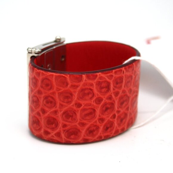 CELINE Manchette Silver Cuff Bracelet Red Python Embossed Leather S NEW Italy - Picture 3 of 7